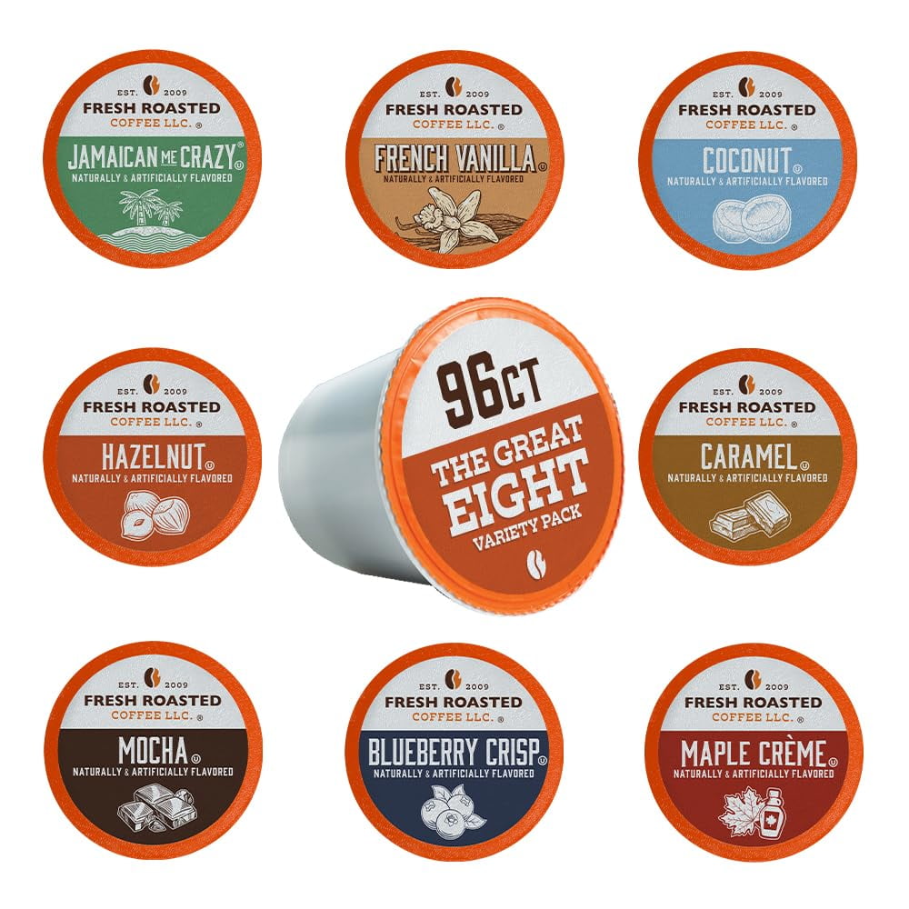 Fresh Roasted Coffee, The Great Eight, Flavored Coffee Pod Variety Pack, K-Cup Compatible, Medium Roast, 96 Count