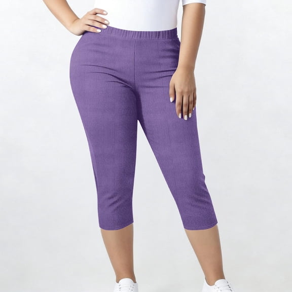Plus Size Capri Leggings for Women Slim Fitted Yoga Pants Tummy Control Workout Ribbed Cropped Slacks Purple 4XL