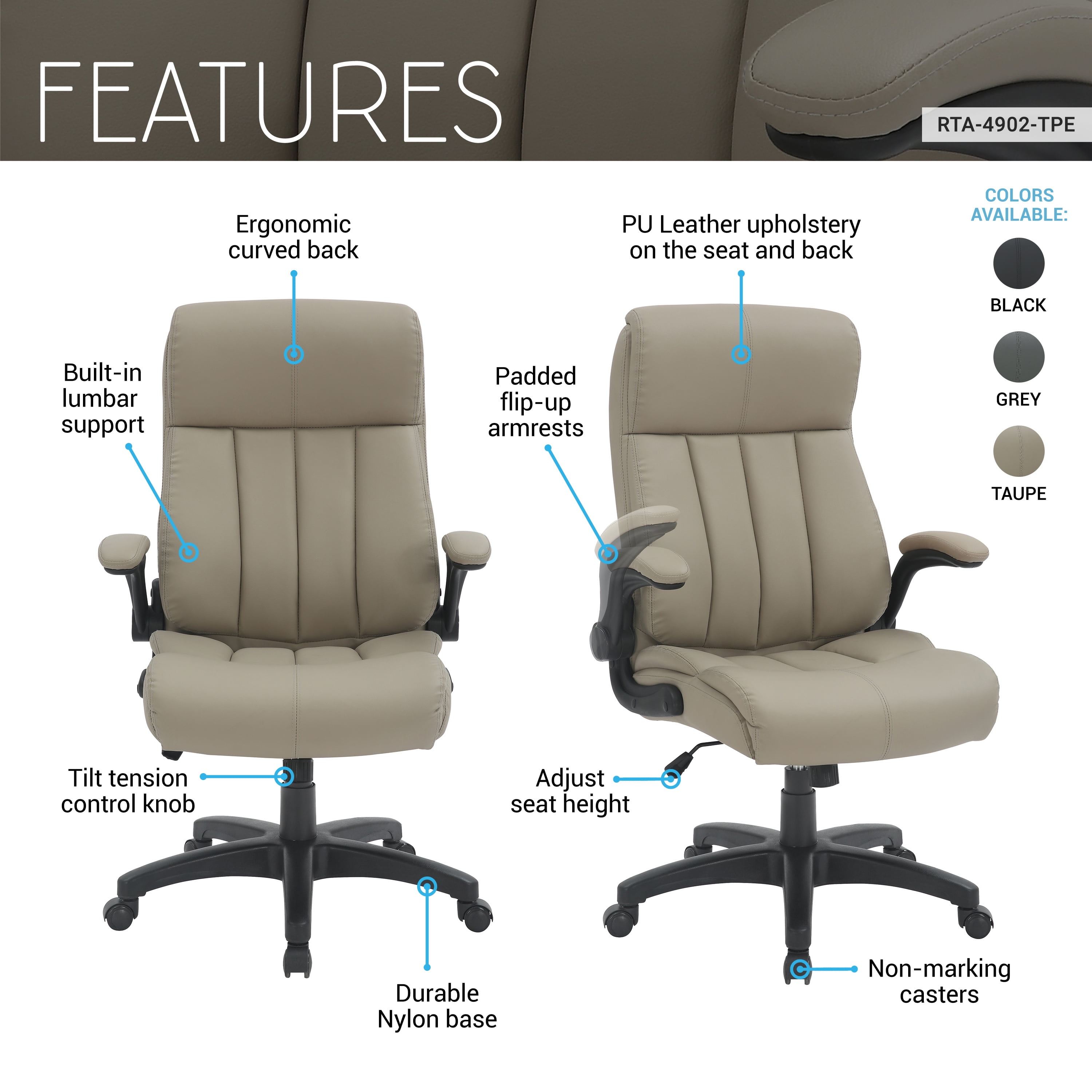 Ergonomic Faux Leather Office Chair, High Back Padded Executive Desk Chair with Flip-Up Armrests, Adjustable Height, Tilt Control, and Smooth-Rolling Wheels for Home and Office Desk, Taupe