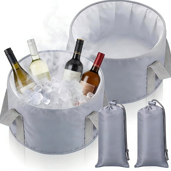 2-Pack 15L Foldable Ice Buckets with Storage Bag – Large Portable Cooler for Parties, Camping, Beach, and Outdoor Activities (Gray)