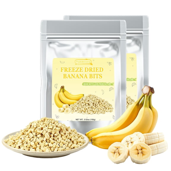 Yunmvora Freeze Dried Bananas Bits, 3.52oz/100g Dried Fruit Banana Dices, No Added Sugar, Crunchy Fruit Snack, for Baking, Oatmeal, Yogurt (Pack of 2)