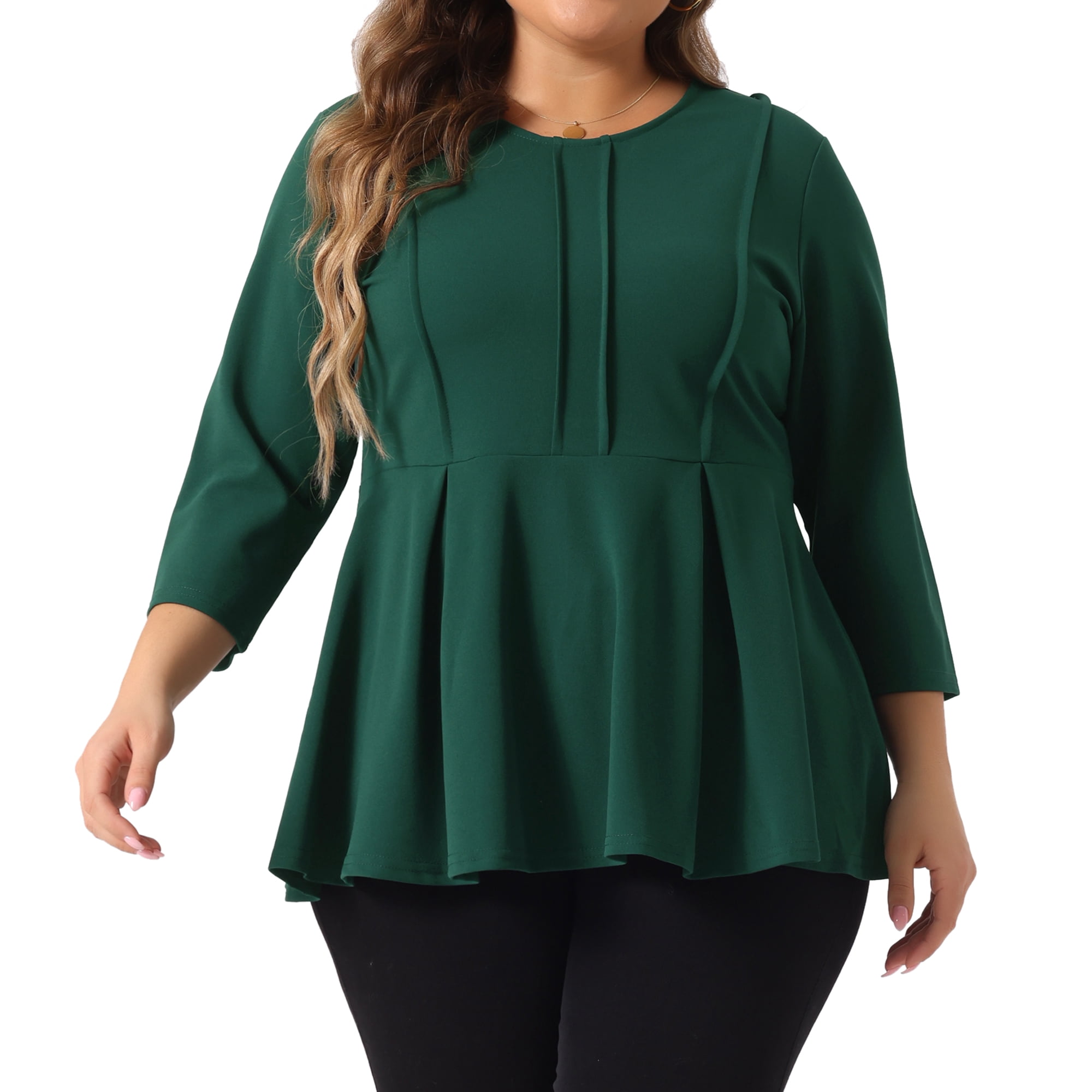 DARING DIVA Women's Plus Elegant Crew Neck 3/4 Sleeve Peplum Top 4X Green