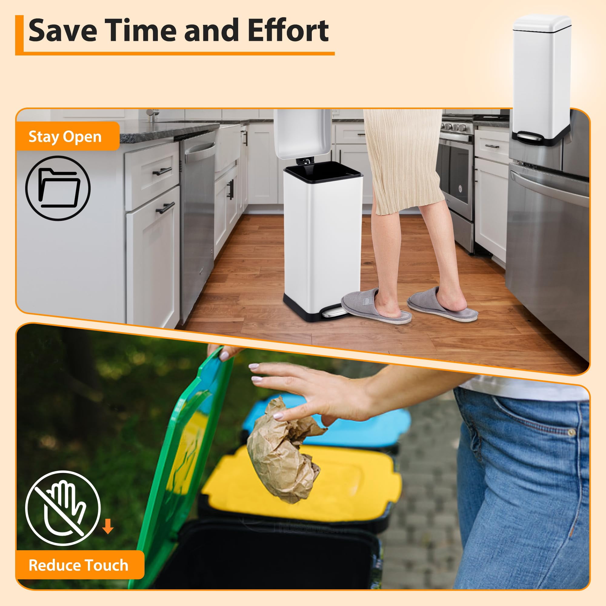 TROPOW 8 Gallon Bathroom Step Trash Can, 30-Liter Square Stainless Steel Foot Pedal Garbage Can with Soft-Close Lid for Kitchen, with Removable Inner Bucket,White