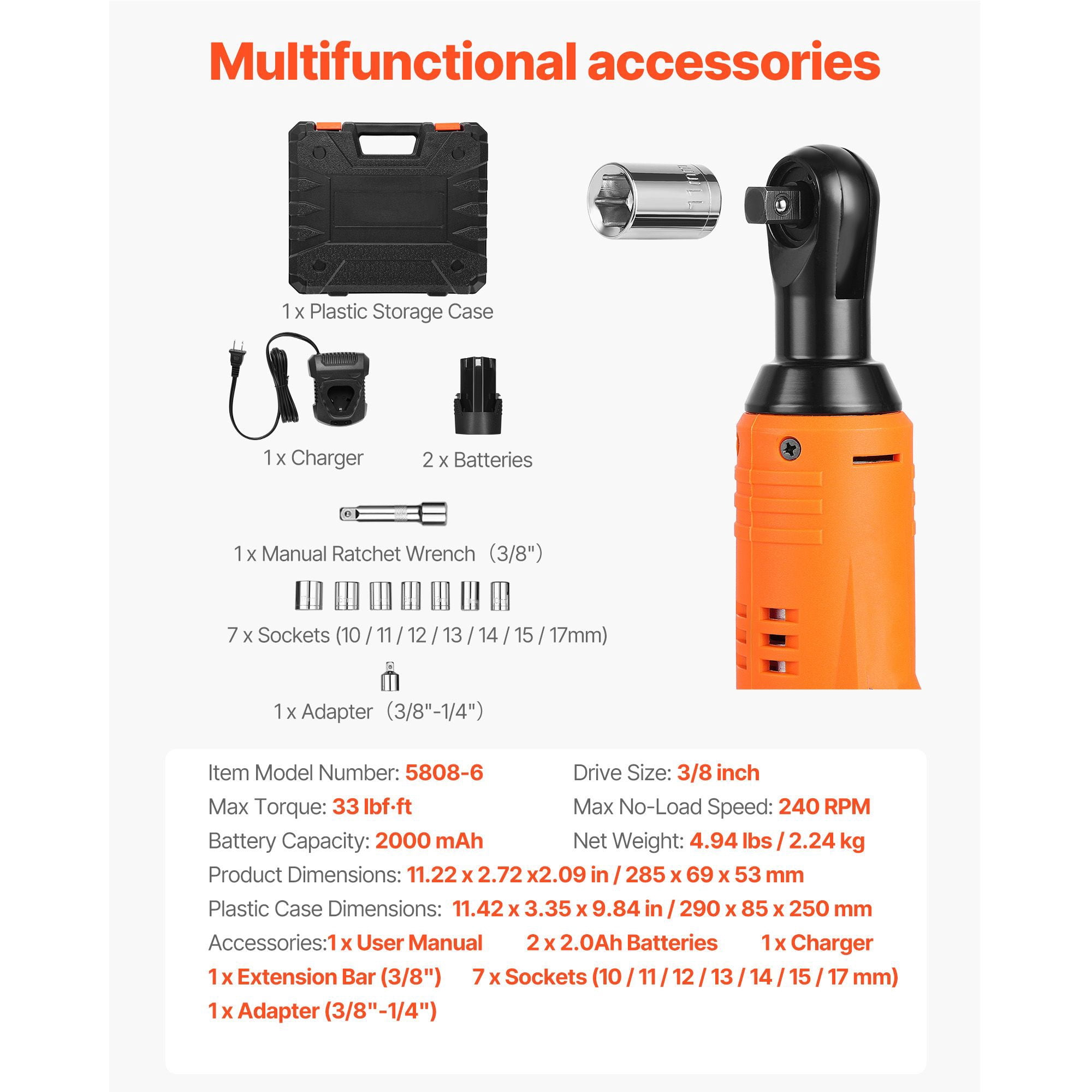 Cordless Electric Ratchet Wrench, 3/8 Inch, 33 ft-lbs Torque, 240 RPM, 2 x 2000mAh Batteries, with Sockets, Adapter & Extension Bar, for Automotive & Mechanical Work