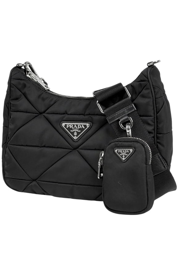 Pre-Owned Prada Padette Re-Nylon Shoulder Bag with Logo Plate, Nylon Nero (Black) 1BD290,...