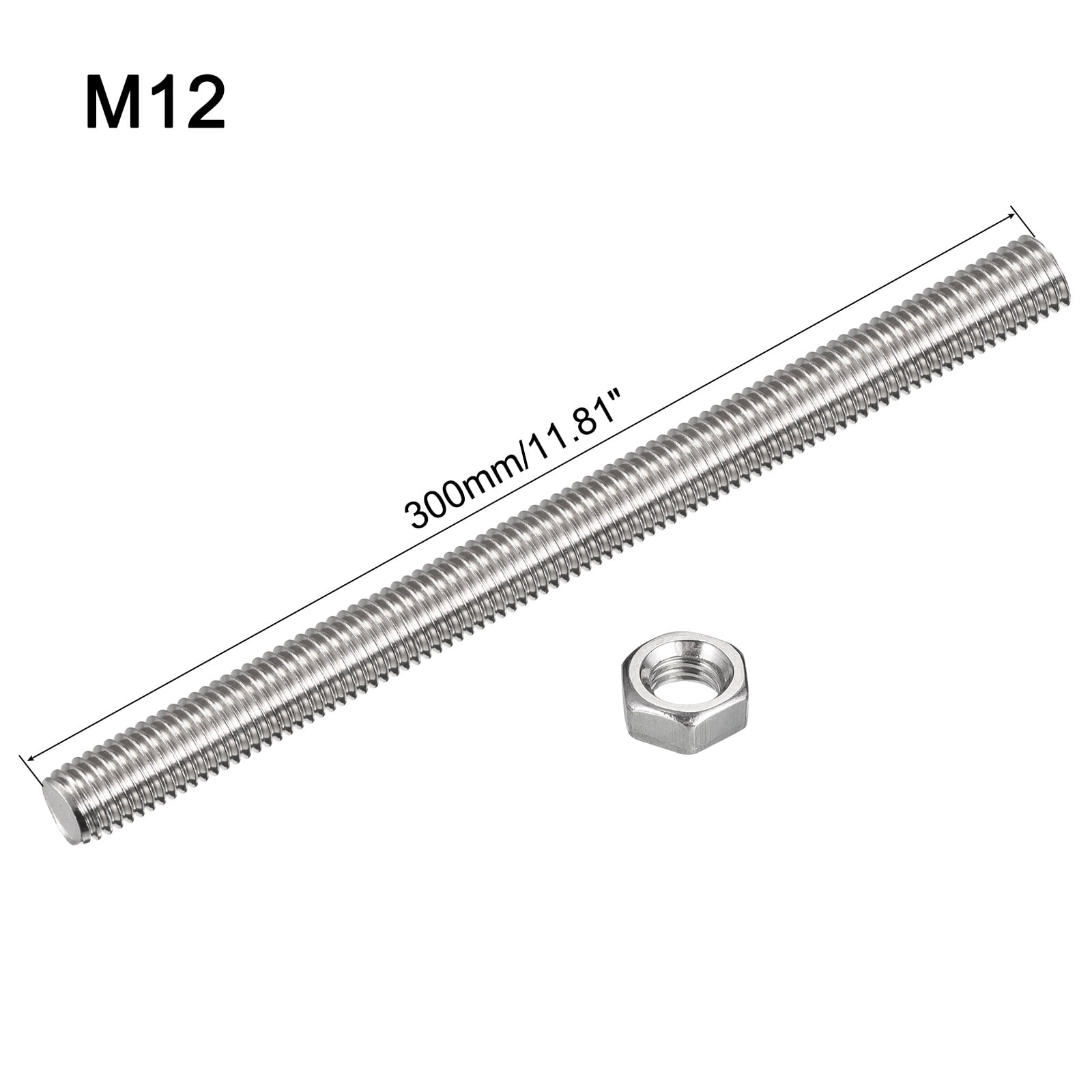 Uxcell 15Pack M12 x 300mm Fully Threaded Rod w 15Pack Hex Nuts, 1.75mm Pitch 304 Stainless Steel Right Hand Threaded Rod