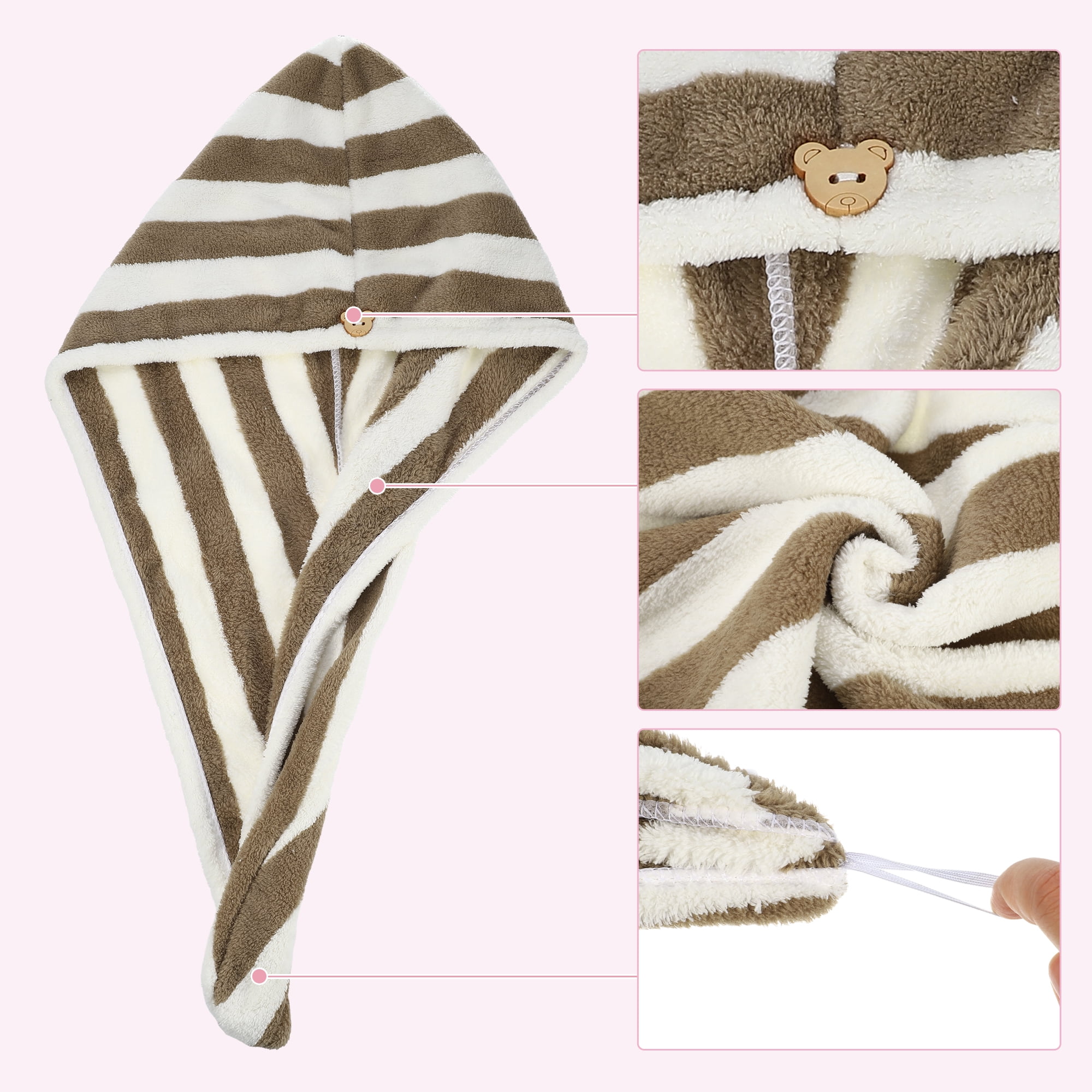 Unique Bargains 3 Pcs Lightweight Strong Absorbent Hair Drying Towel Pink White Brown