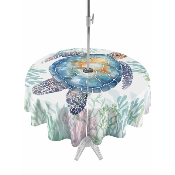 Outdoor Tablecloth with Umbrella Hole for Patio/Picnic/Party/Camping, Sea Turtle Coastal Waterproof Table Cloth Round Cover Washable, Blue Green Summer Beach Coral (Dia 54")