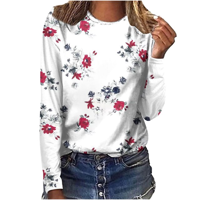 IROINID en Solde T-shirt à Manches Longues en Polyester pour Femmes Confortable Col Rond Hauts Amples Imprimés T-Shirts Blouse, Blanc