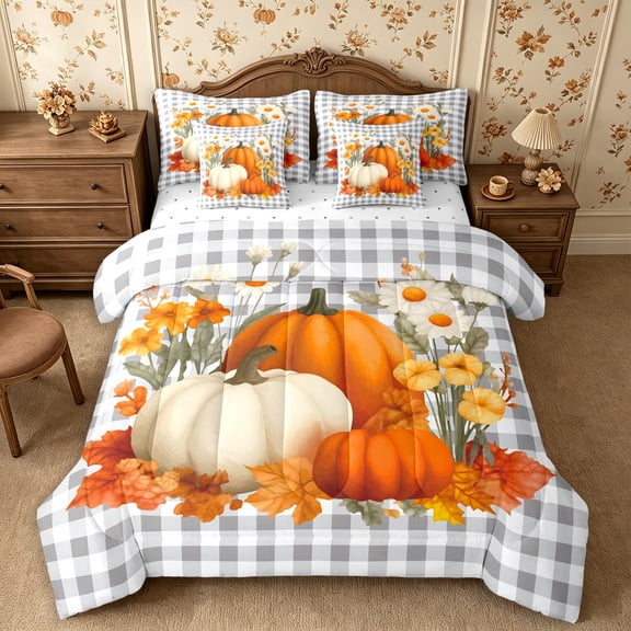 Erosebridal Plaid Pumpkin 7-Piece Twin Bedding,Fall Harvest Bedding Comforter Set,Grey,Reversible