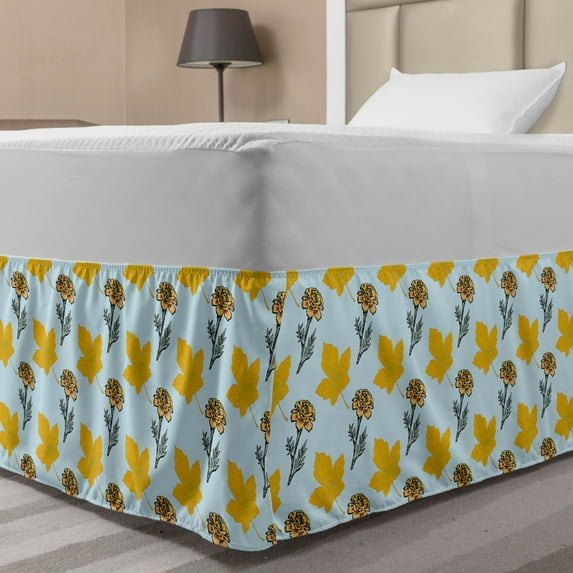 Autumn Bed Skirt, Flower Bouquets and Fall Maple Leaves Carnation Blossoms Flora Pattern, Elastic Bedskirt Dust Ruffle Wrap Around for Bedding Decor, 4 Sizes, Pale Blue Earth Yellow, by Ambesonne