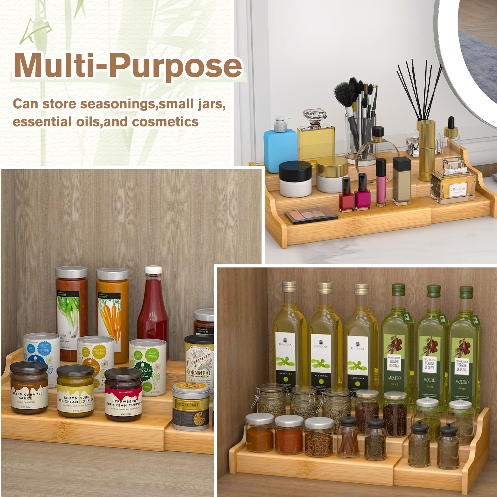 GIRACOA Expandable Bamboo Spice Rack – 3-Tier Cabinet Organizer for Kitchen, Pantry & Cupboard Storage