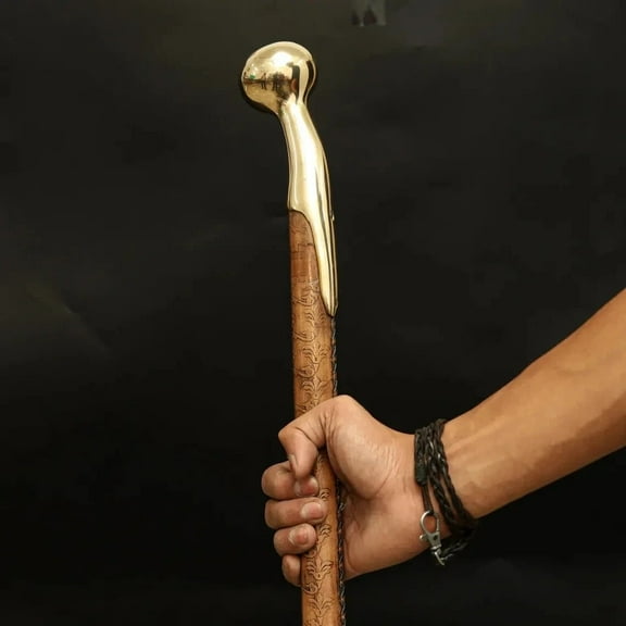 Hand Carved Wooden Walking Cane Polished Brass Handle Nautical Floral 37" Men