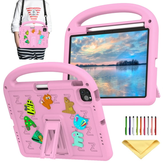 Allytechgroup Kids Case for iPad Air 11 inch M2 (2024) & iPad Pro 11 inch M4 (2024) with Pencil Holder/Shoulder Strap/ Handle/Kickstand Slim Lightweight Stand Cute Kawaii Soft EVA Foam Cover, Pink