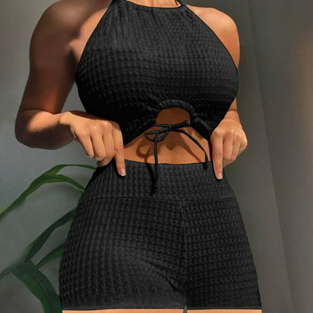UPPADA Womens High Waisted Bikini Set Tie Knot High Rise Two Piece Swimsuits Bathing Suits V Neck Swimwear Drawstring Tummy Control Swimsuits Tie Back Elegant Summer Bathing Suit Black S