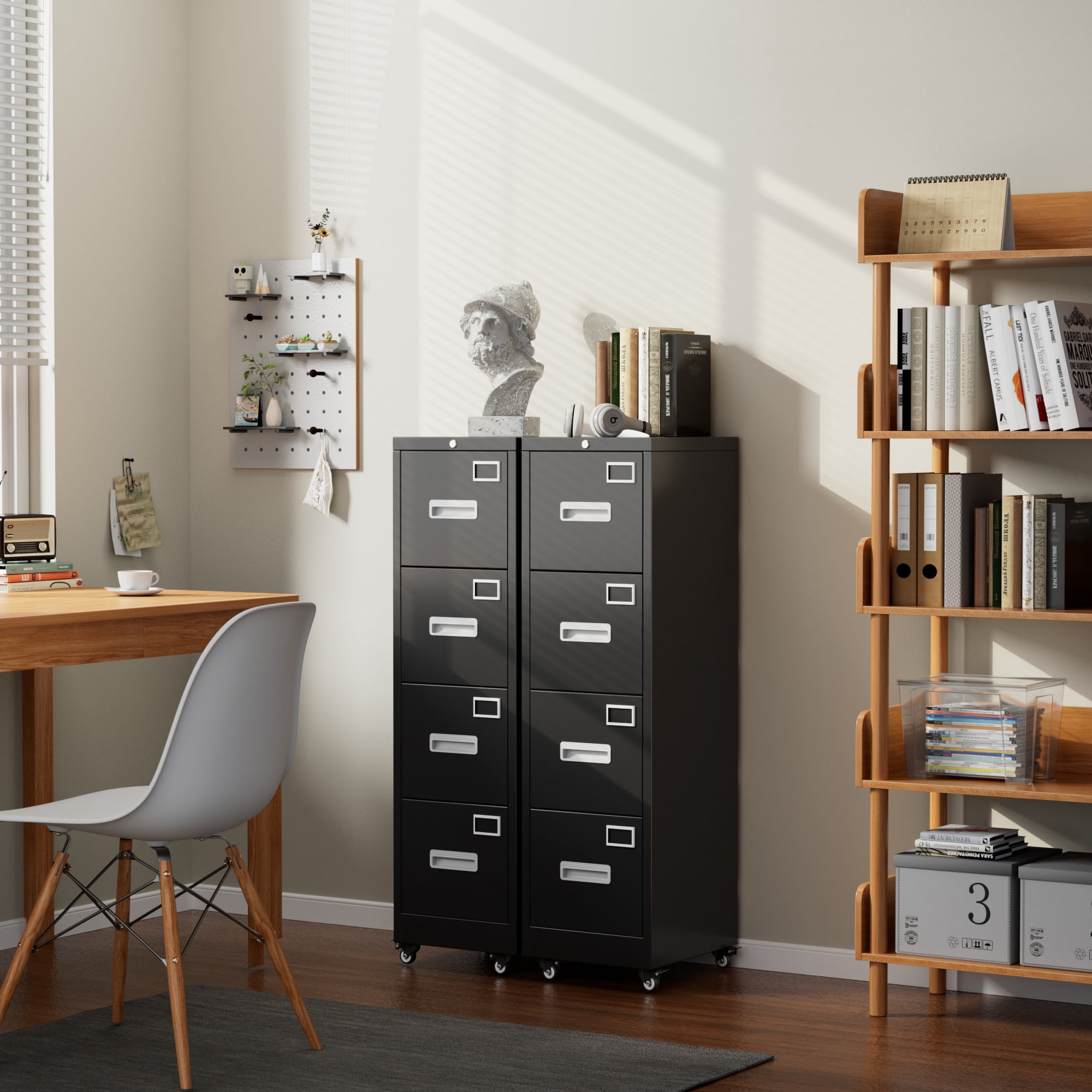 Aobabo 4 Drawer File Cabinet with wheels, Metal Vertical File Storage Cabinet with Lock, Office Home Steel Vertical File Cabinet for A4 Letter /Legal Size Assembly Required (Black)