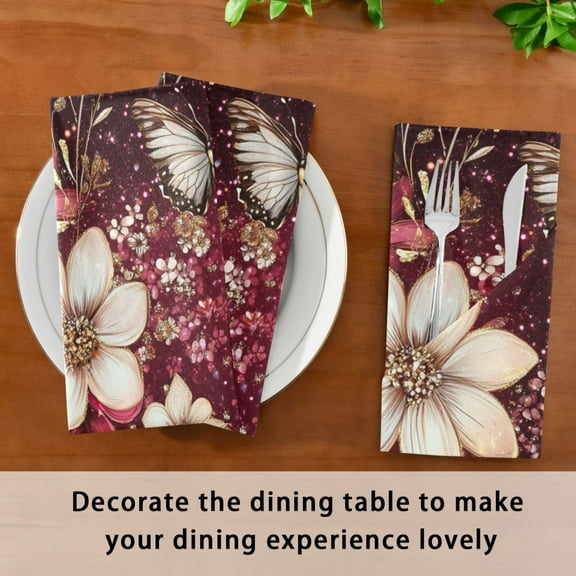 Satin Native Fab Cotton Dinner Napkin Blossoms and Butterflies on Burgundy Reusable