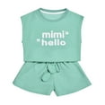 thumbnail image 6 of ZHUASHUM Summer Outfits For Girls Solid Color Sleeveless Round Neck Letter Prints Tops And Wide Leg Shorts With Pockets Cute Girl Clothes Set Green 9-10 Years, 6 of 9