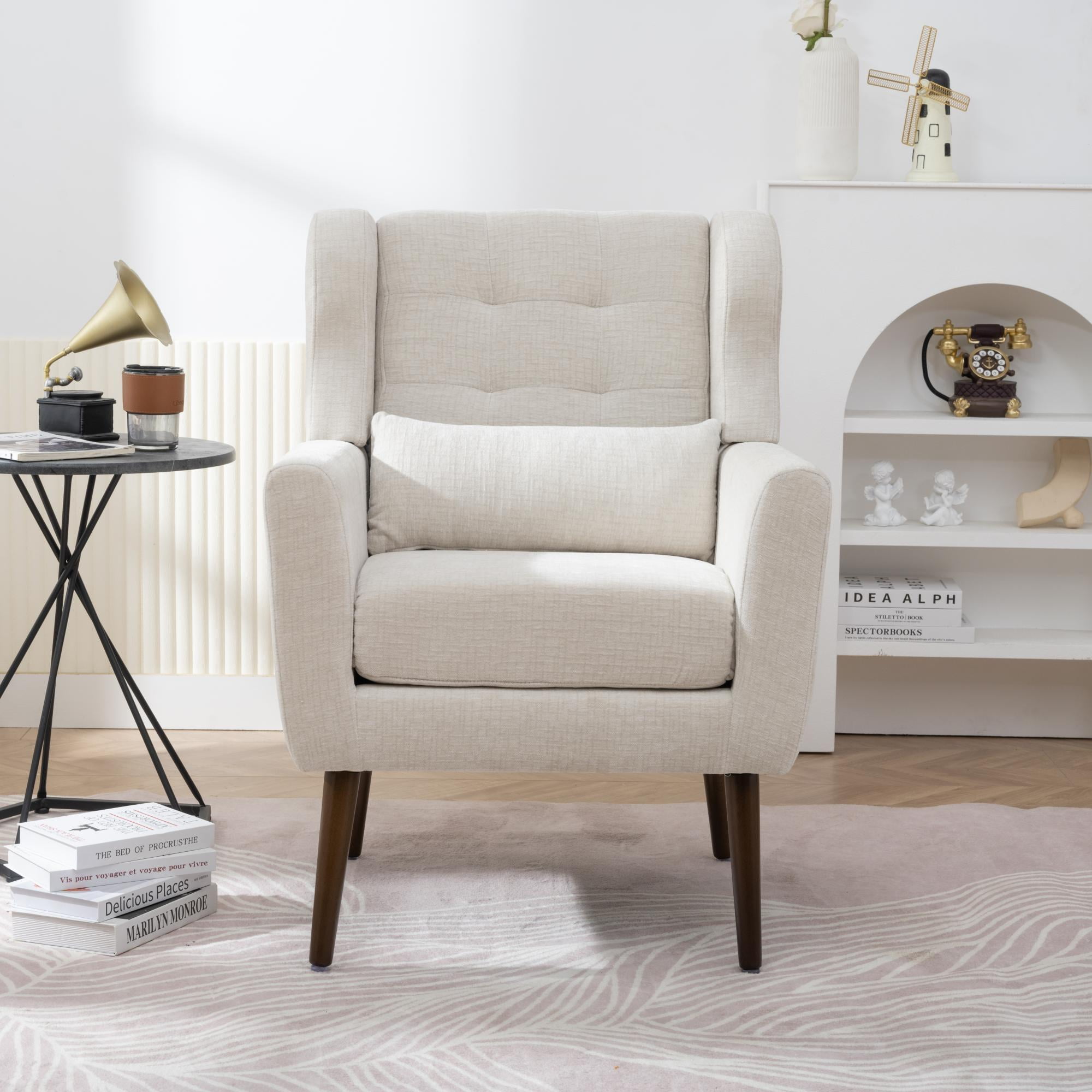 DEALTOPS Upholstered Accent Chair Modern Armchair with Chenille Fabric Lounge for Bedroom-Beige