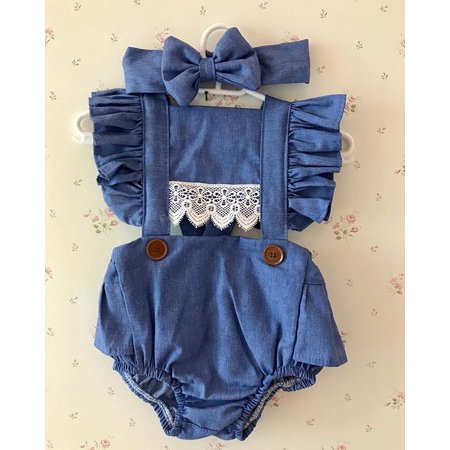 

Baby Girls Denim Romper Lace Bow Hair Band Lotus Leaf Button Clothing Set