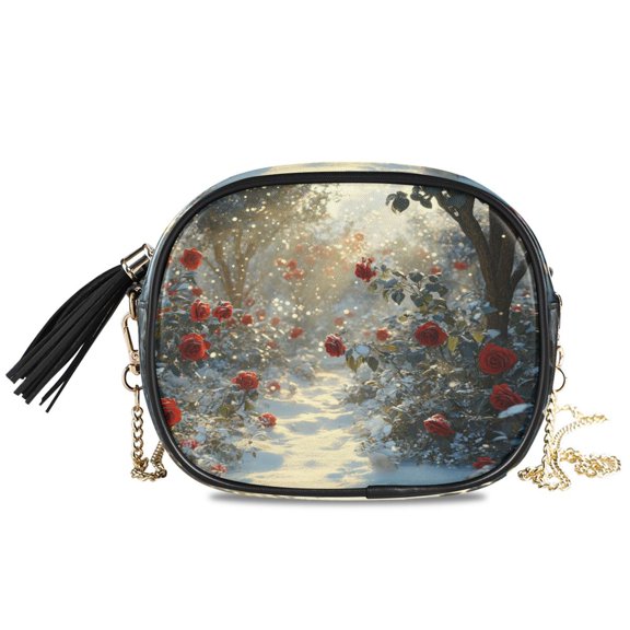 Womens Casual Chain Shoulder Bag Simple style Snowy Path with Red Roses Crossbody Bag