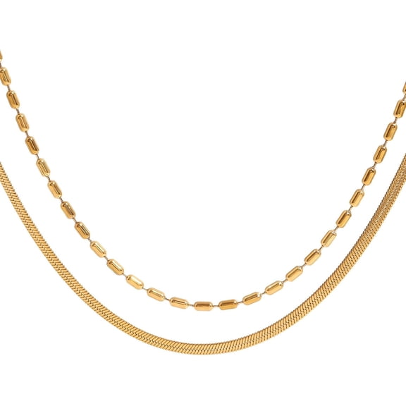18K PVD Gold Plated Double Layer Chain Necklace, Stainless Steel Non Tarnish Beaded and Snake Chain Design,Dual Strand Layered Necklaces for Women,Fashion Jewelry Gifts For Birthday Anniversary