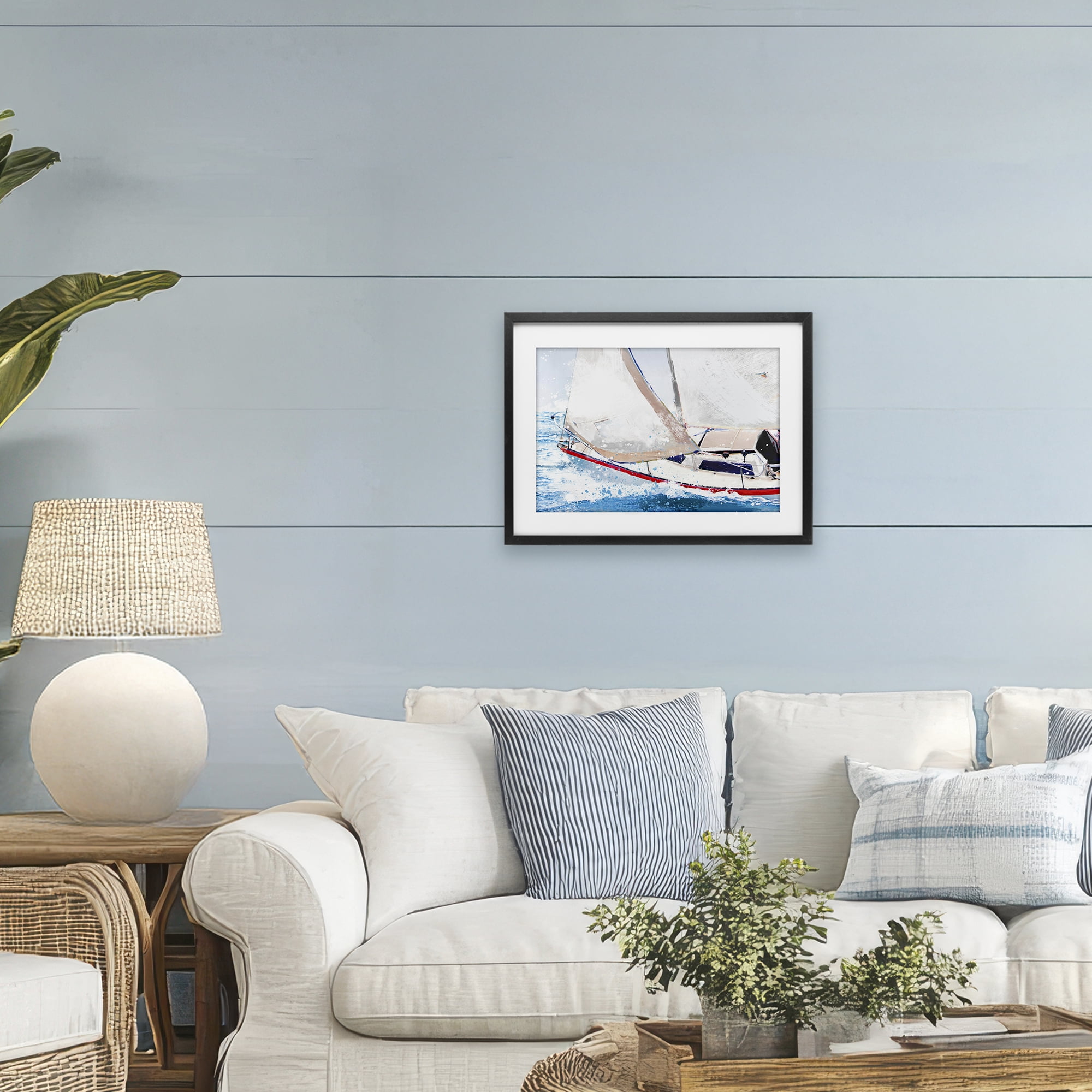 Stupell Industries Sailboat Racing Through Blue Waves Black Framed Print Under Glass, design by Porter Hastings