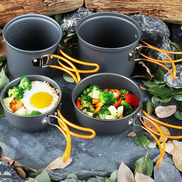 kurtrusly 11pcs Camping Cookware Mess Kit Outdoor Alloy w/ Pot Stoves Carabiner Set Color_D