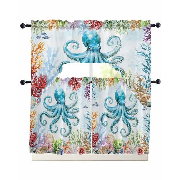 Octopus Coastal Kitchen Curtains Swag Valance and Tier Curtains Set 24 Inch Length, Blue Nautical Summer Beach Ocean Rod Pocket Drape Panels Pair Swag Curtain for Bathroom/Cafe/Window