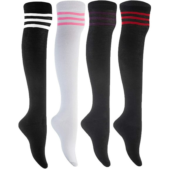 Lian LifeStyle Women's 4 Pairs Adorable, Fashionable Thigh High Cotton Socks for everyday relaxed feet LWRX Size 6-9 Red,Purple,Pink,White Strip