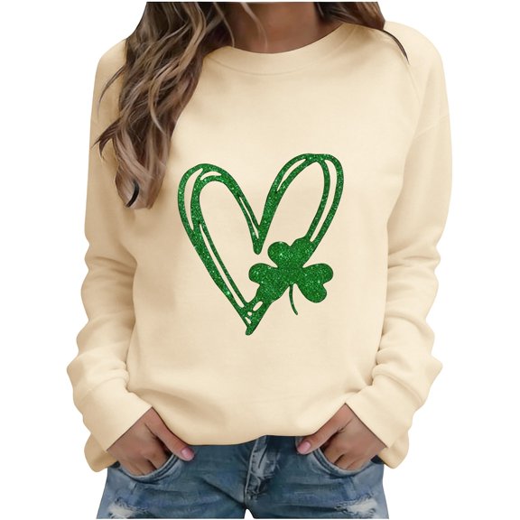 WTXUE St. Patrick's Day Sweatshirt for Women Glitter Shamrock Printed Long Sleeve Pullover Tops Trendy Pullover Tops Saint Patrick's Sweatshirt Shamrock Graphic Sweatshirts Beige L