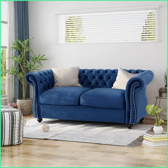 Chesterfield Velvet Loveseat with Rolled Arms & Wood Legs – 61.75” W Living Room Sofa | Blue