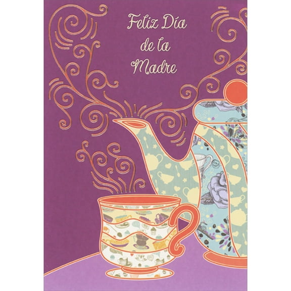 Designer Greetings Patterned Teapot and Teacup with Foil Bordered Vapor Swirls Spanish Language Mother's Day Card