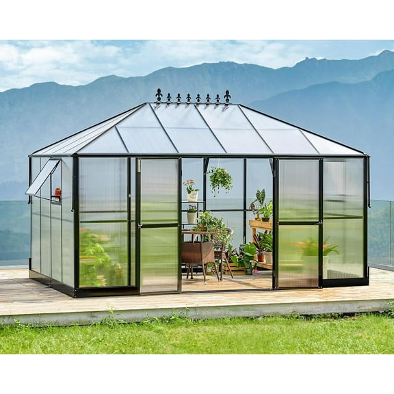 LUXOAK 14x9.5x9 ft Polycarbonate Greenhouse Double Swing Doors 2 Vents 6ft Height, Black