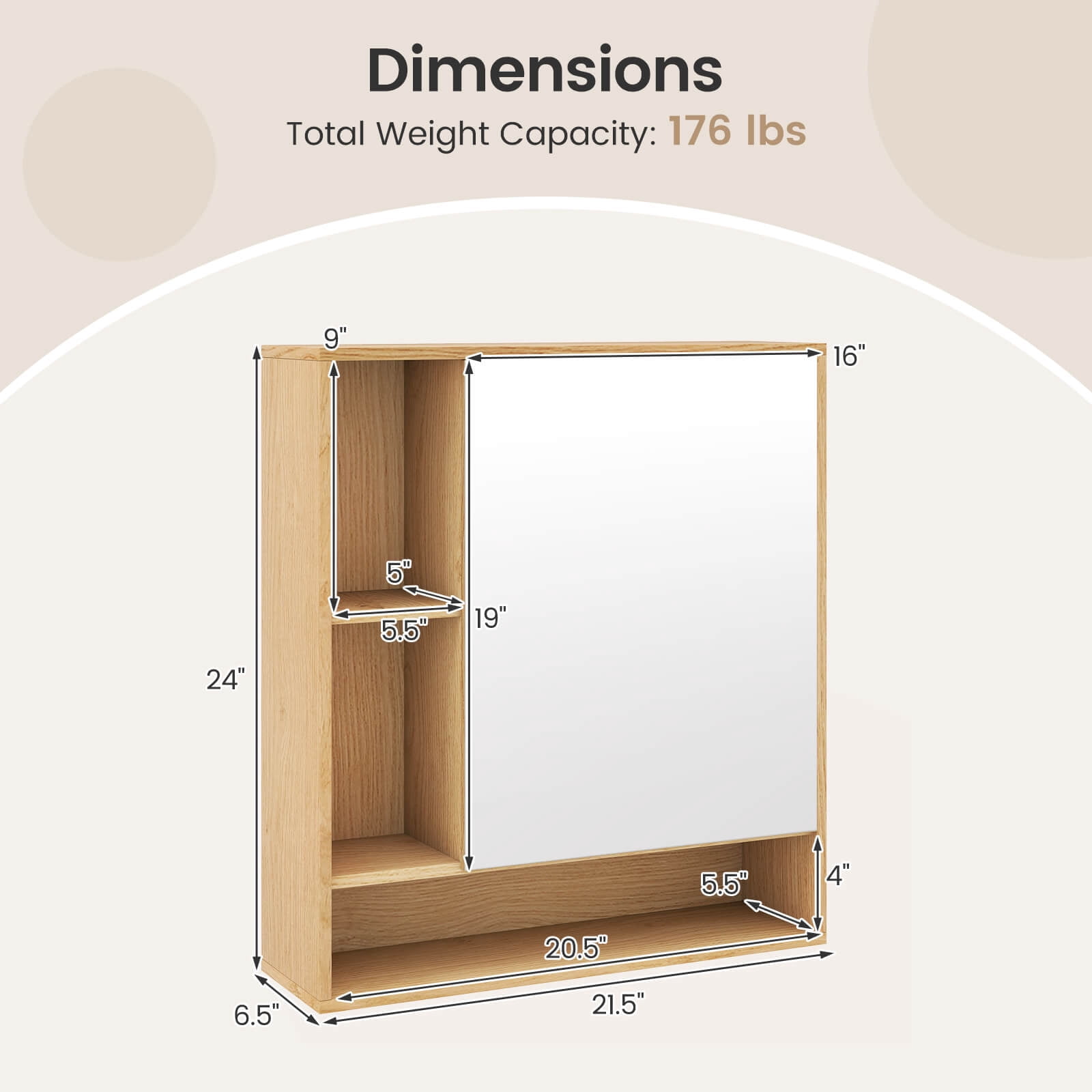 Costway Bathroom Wall Cabinet with Mirror, Single Door, 3 Open Shelves & Adjustable Shelf Natural