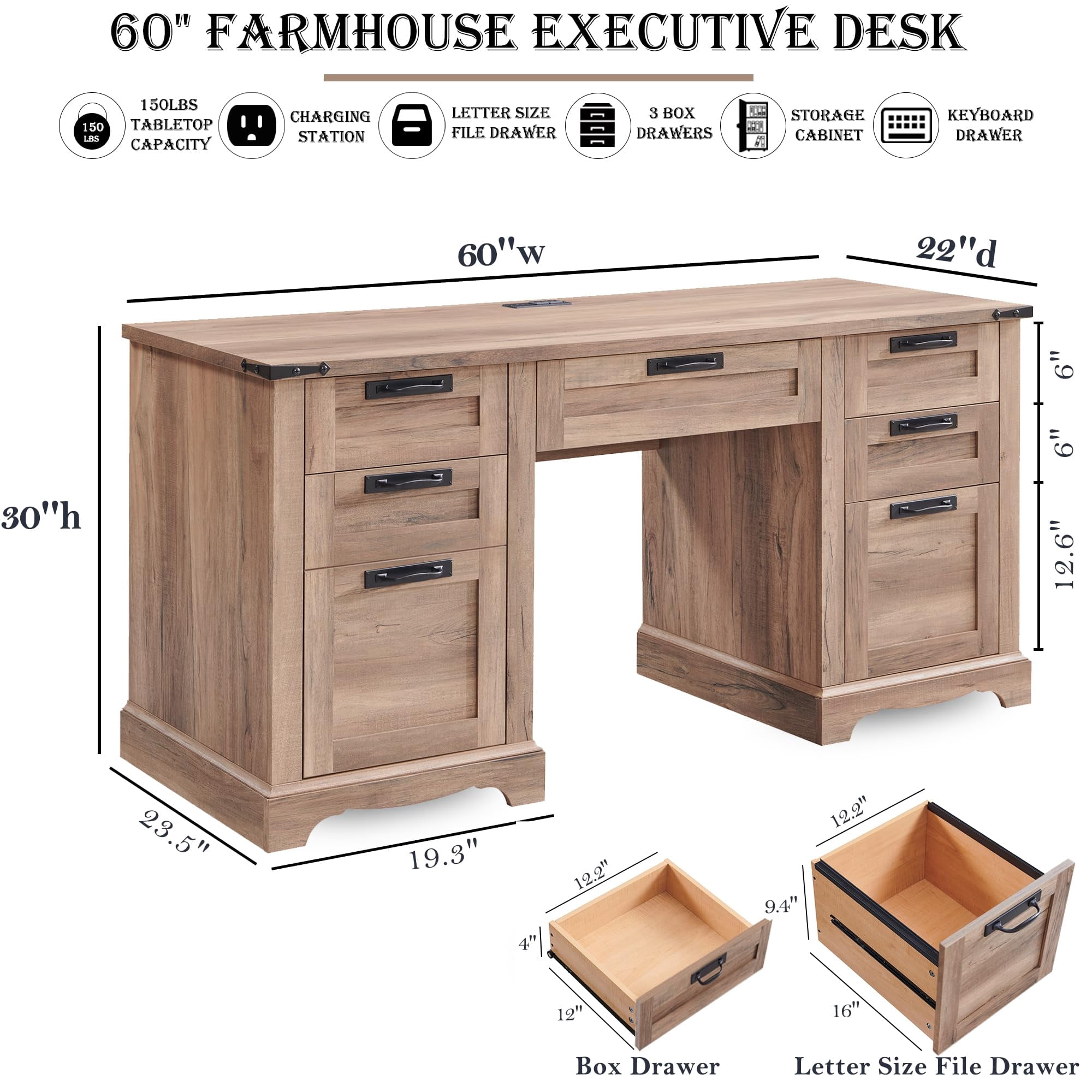 OKD Farmhouse Executive Desk, Rustic Office Desk with Charging Station and Keyboard Tray,Home Workstations with File Drawer, Storage Cabinet,Wood Computer Writing Desk, Natural Oak