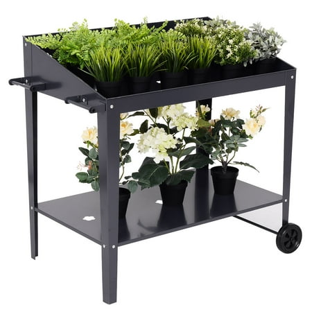 Goplus Galvanized Steel Raised Garden Bed Potting Bench Black