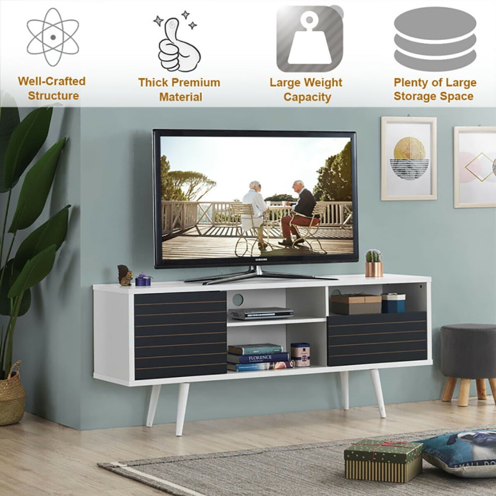 Finihen TV Stand, TV Cabinet, Mid-Century Modern TV Stand for TVs up to 65 Inch with Storage Shelves, Media Entertainment Center with Storage, for Living Room, Bedroom, Black & White