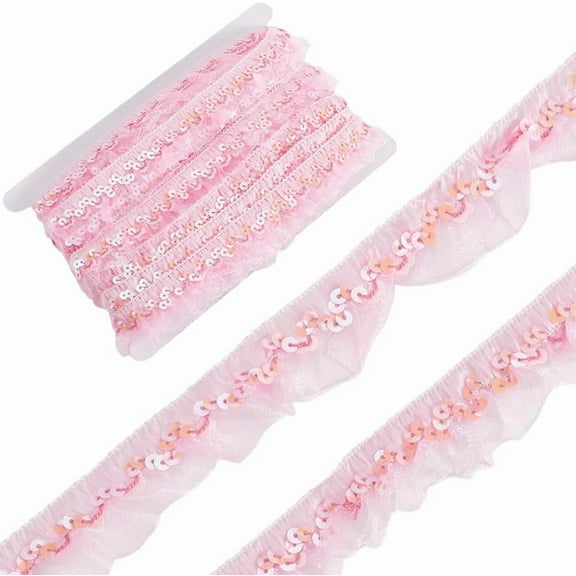 11m Pink Pleated Chiffon Lace Edge Trim Sequin Elastic Organza Fabric Ribbon 3cm Gathered Ruffle Mesh Stretch Fringe Trimming for Sewing Gift Package Wrapping Cloth Crafts Pink
