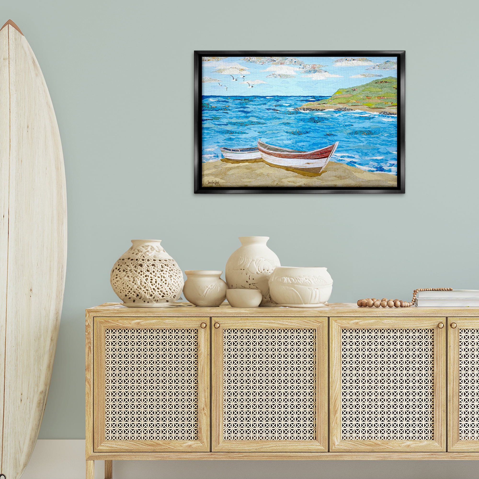 Stupell Industries Mykonos Docked Boat Landscape Painting Black Floater Framed Canvas Art Print Wall Art, 31 x 21