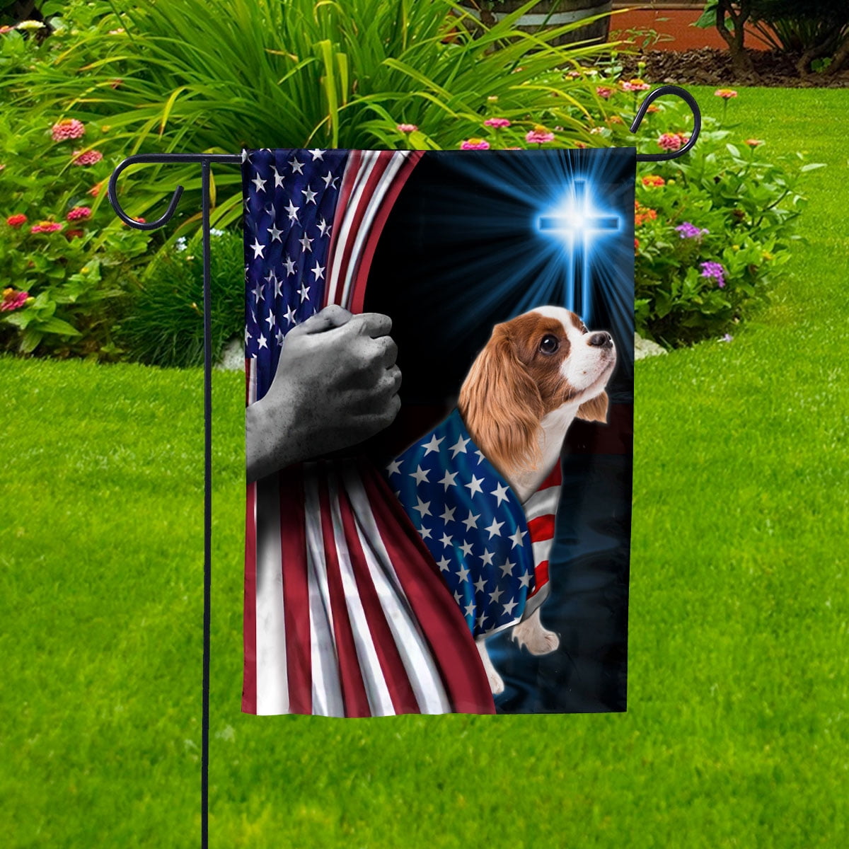 Hand Pulling USA Flag Cavalier King Charles Spaniel Dog Wearing Flag American Standing under Cross Christian Patriotic House Flag (3x5) Double Sided- Premium Polyester-Decorative Indoor Outdoor Flag