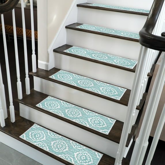 SussexHome Flower Design 9" X 28" Stair Treads - 70 % Cotton Anti-Slip Carpet Strips for Indoor Stairs-Easy to Install Stair Treads with Double Adhesive Tape-Safe, Extra-Grip, 13-Pack-Teal