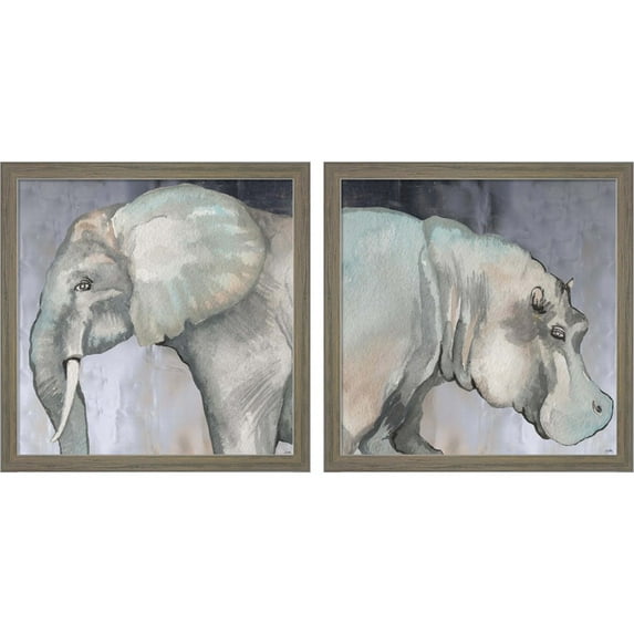 Great Art Now Elephant & Thoughtful Hippo by Elizabeth Medley, 2 Piece Framed Art Set Each 13"W x 13H