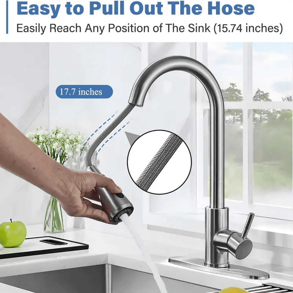 Brushed Nickel Kitchen Faucet with Pull-Down Spray Single Handle High Arc Commercial Stainless Steel Brushed Nickel Kitchen Sink Faucet with Deck Plate