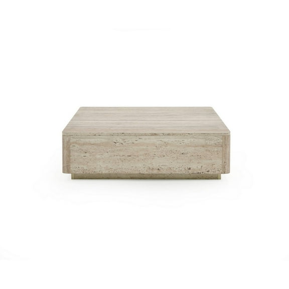 Lia 39 Inch Coffee Table, Square Travertine Stone Finish Laminated Top