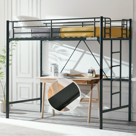 Ktaxon Upgrated Twin Loft Bed with Ladder Metal Bunk Bed with Flat Step Ladder for Kids Teens Adults, Black