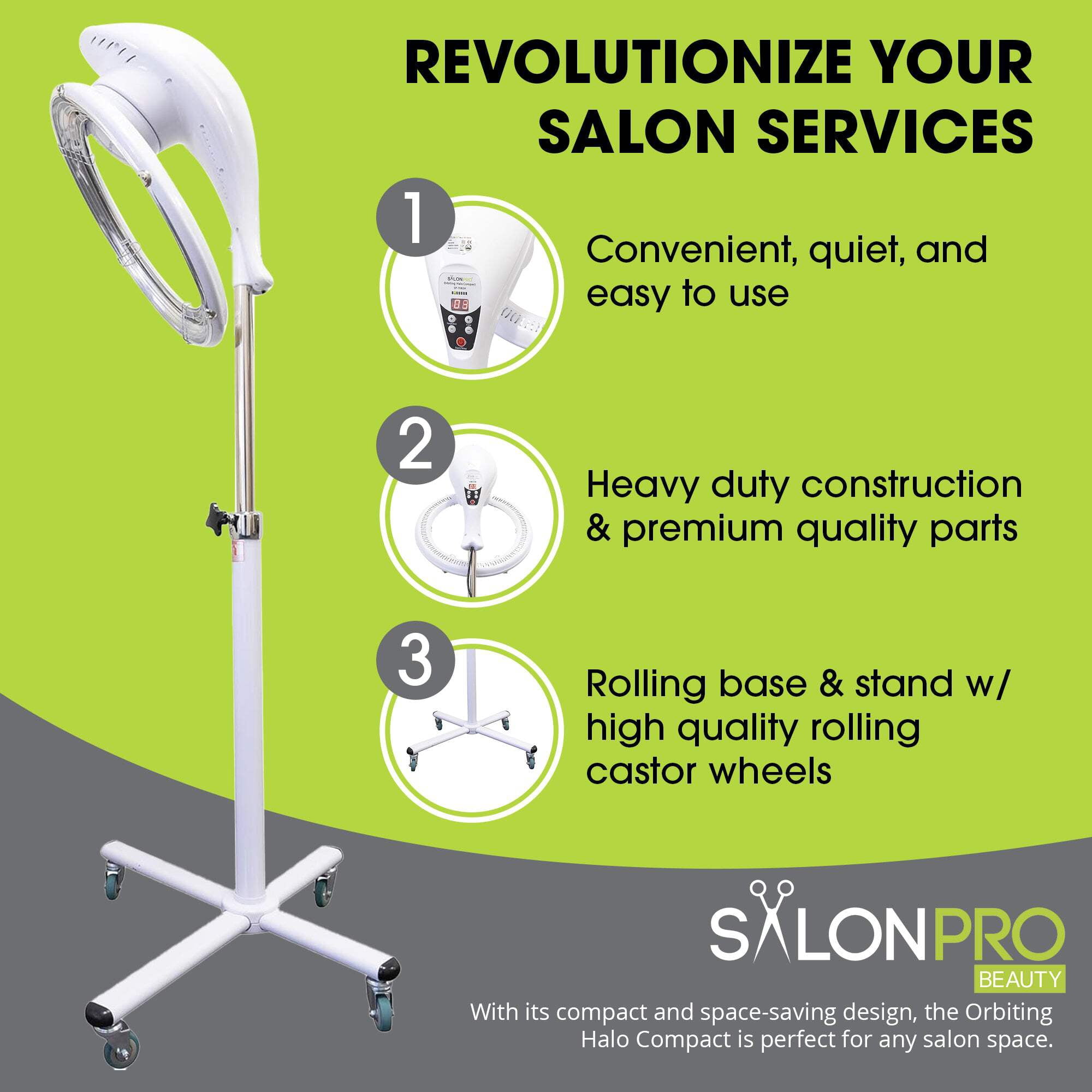 SalonPro Orbiting Halo Compact Infrared Hair Dryer  Color Processor – Rolling Base, White