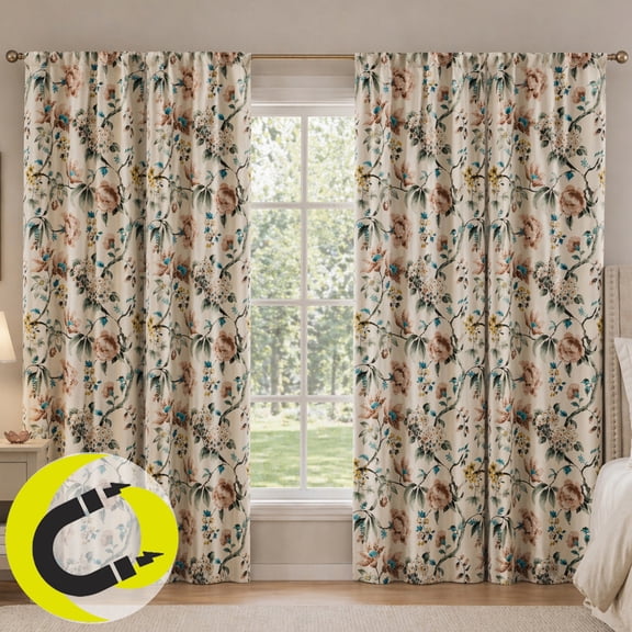 Sun Zero Therese 2-pack Vintage Floral Magnetic Closure 100% Blackout Back Tab/Rod Pocket Curtain Panel Pair, 40"W x 63"L, Stone