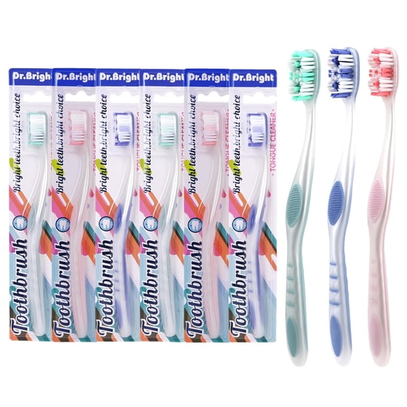 Cepillo de dientes DR.BRIGHT mediano, paquete de 6 con limpiador de lengua
