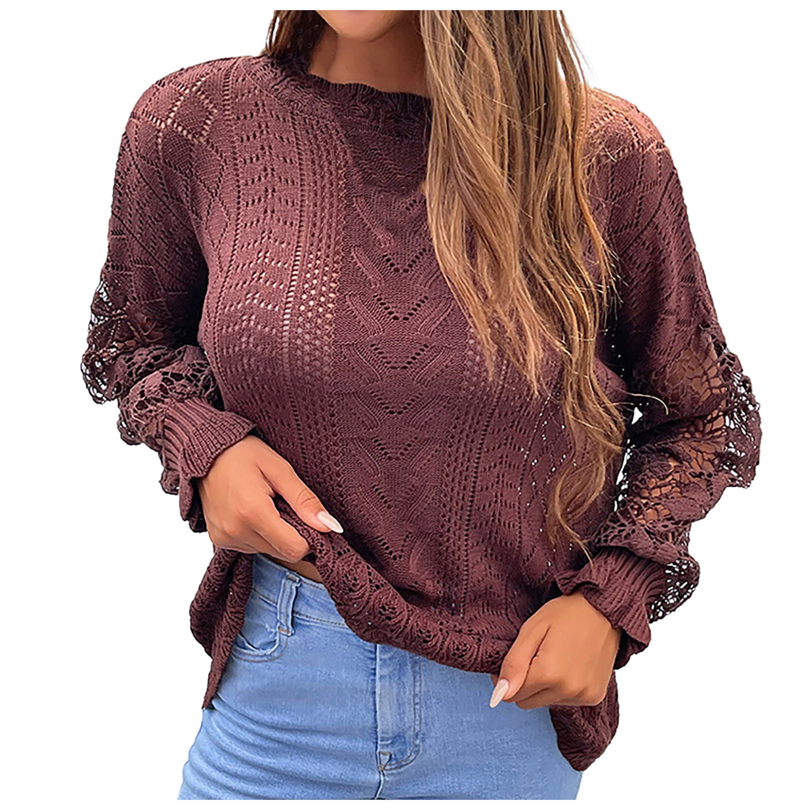 Women Elegant Long Sleeve O-Neck Loose Hollow Out Knitted Pullover Sweater LG 
